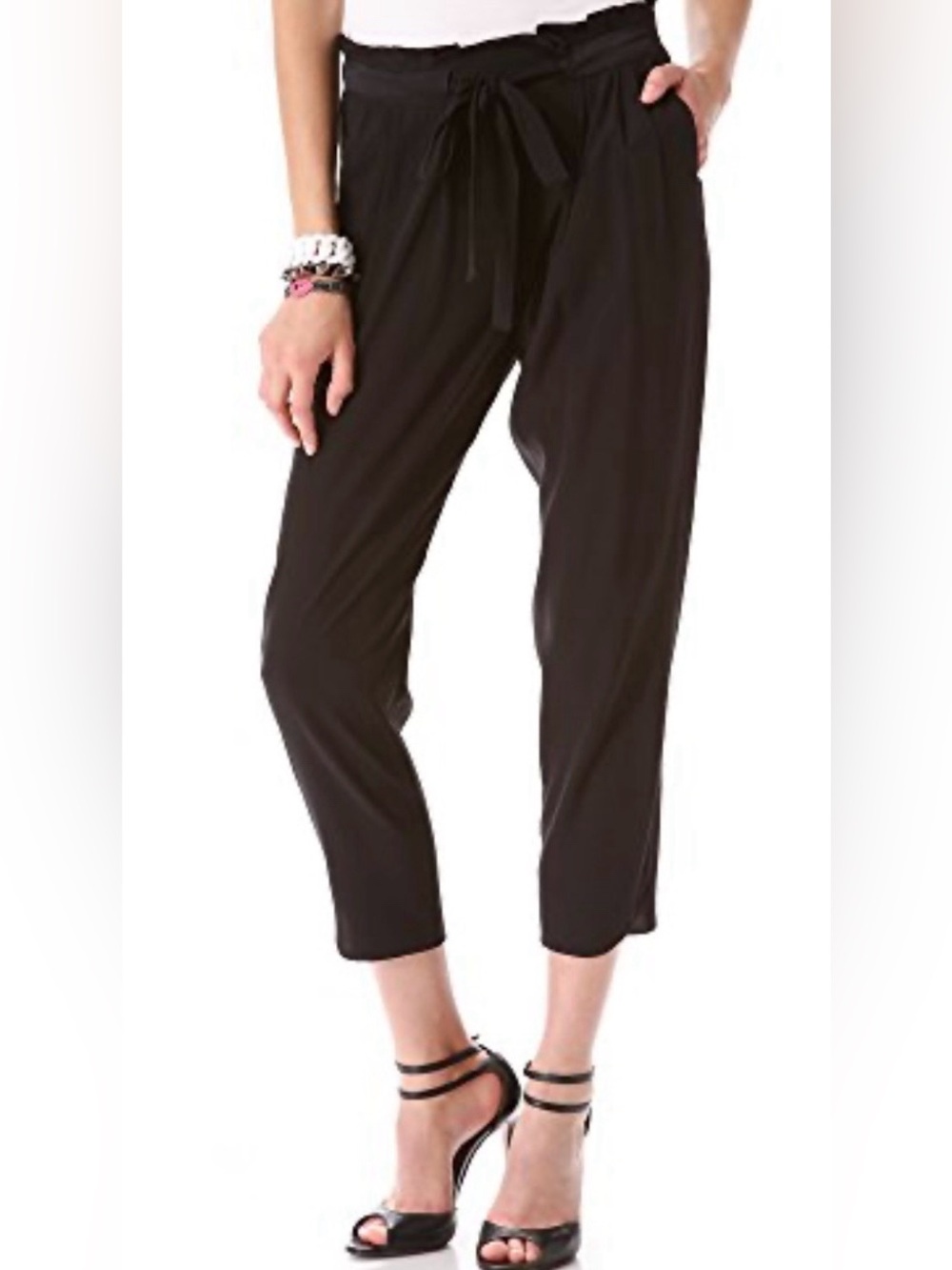 Ramy Brook Allyn Silk Blend Pull On Straight Cropped Pants Black Medium